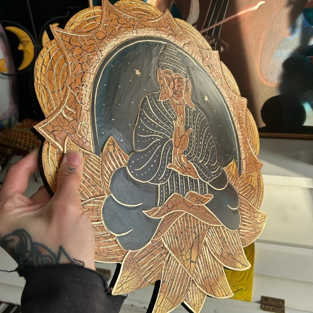 Vintage 15.5" Crackled Wood Handcarved Gold and Black Buddha Wall Art Indonesia - Picture 11 of 15